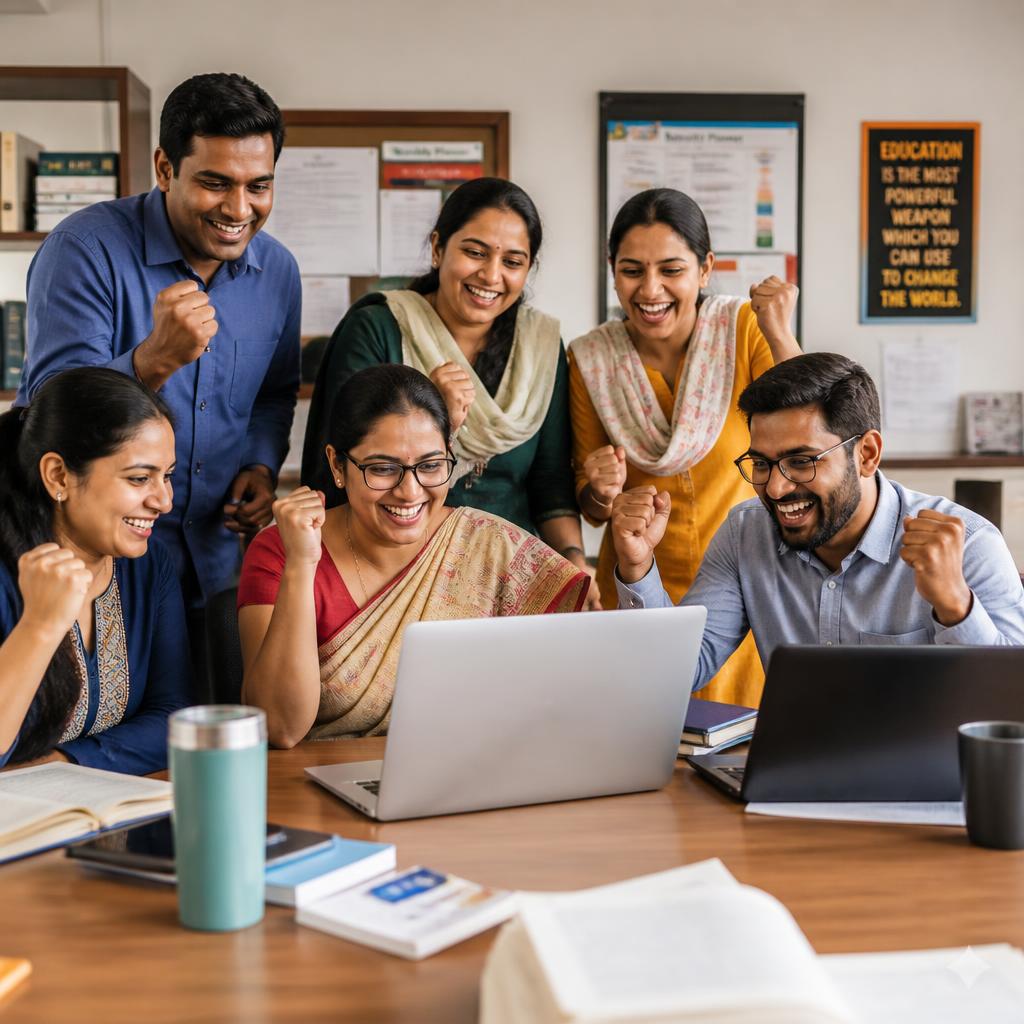 Diverse teachers celebrating with laptops