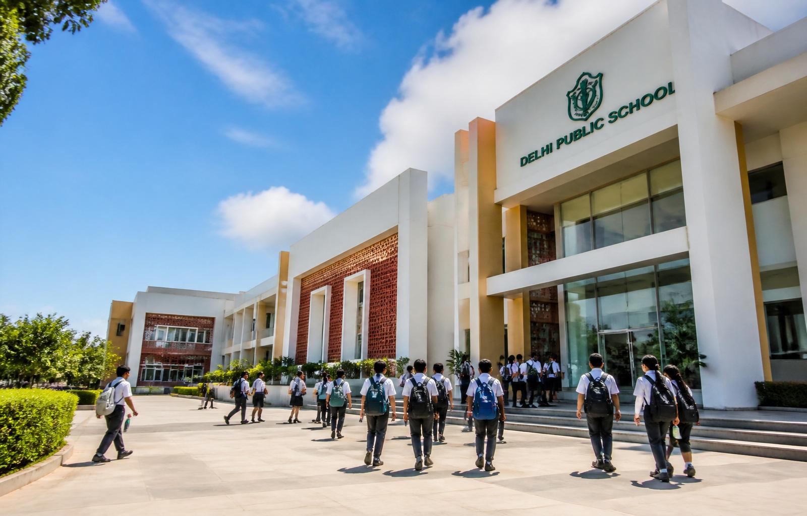 Modern Indian school campus with students