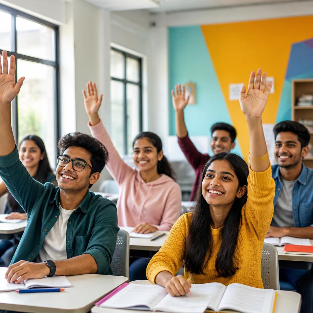 Diverse students raising hands in classroom