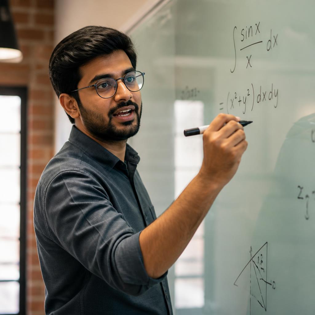 Male math teacher writing on whiteboard